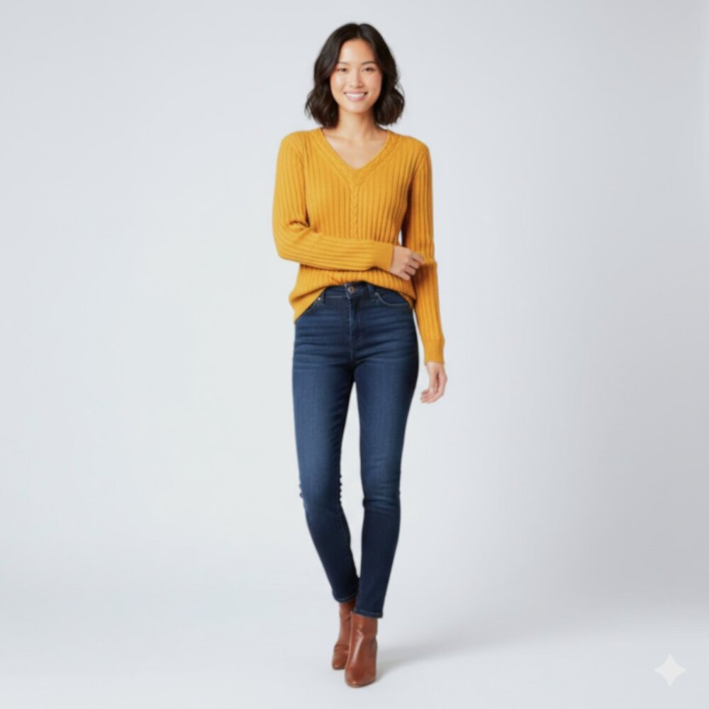 Vintage Mustard Yellow Ribbed Knit V-Neck Sweater with Braided Cable Detail